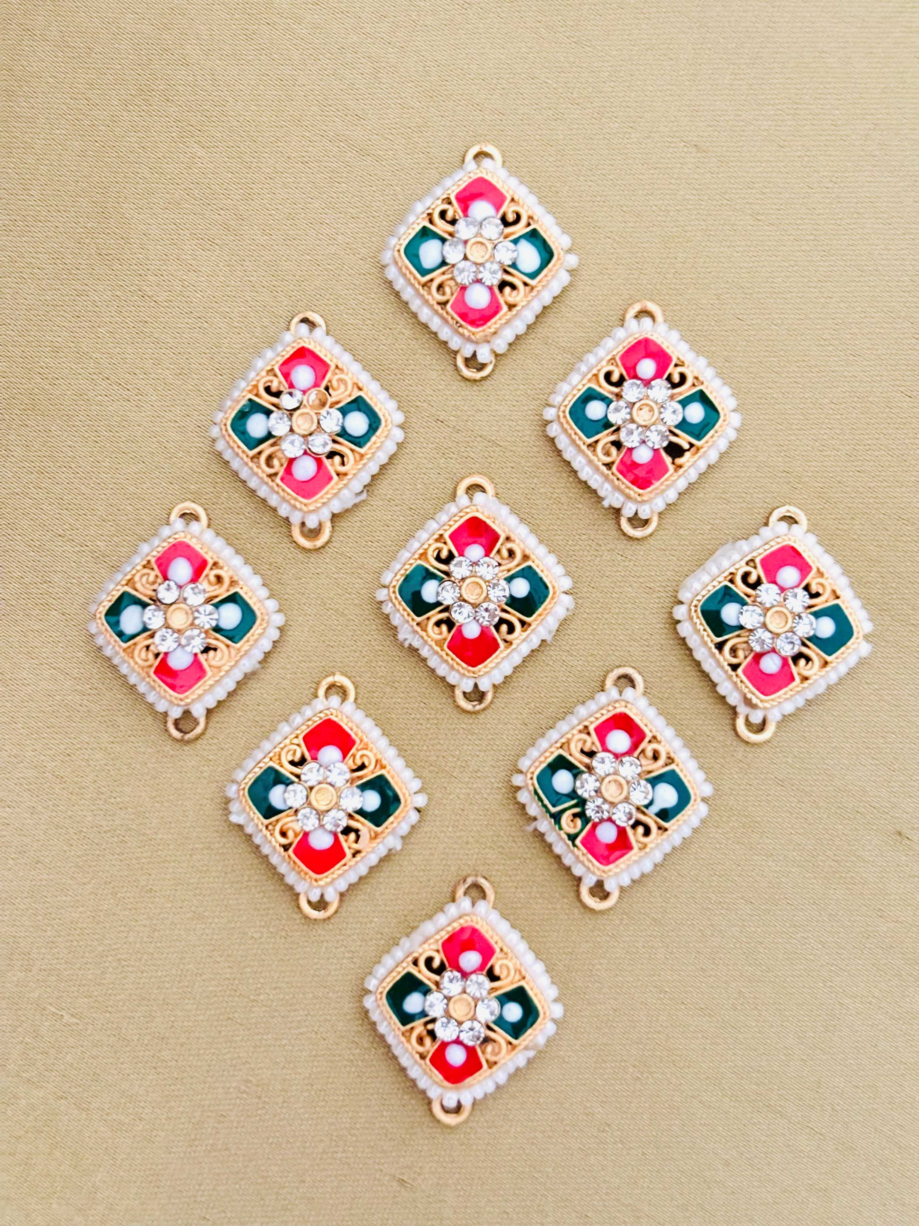 Red and Green Square Pearl Kundan Connectors