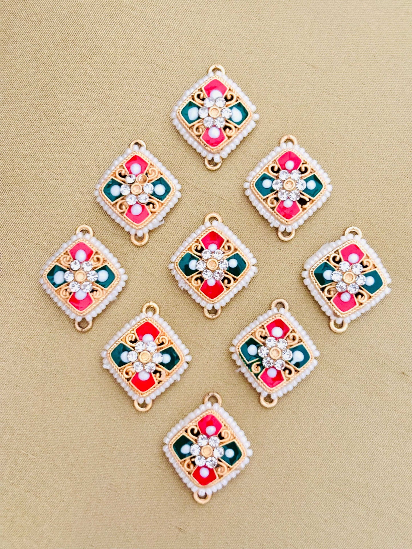 Red and Green Square Pearl Kundan Connectors