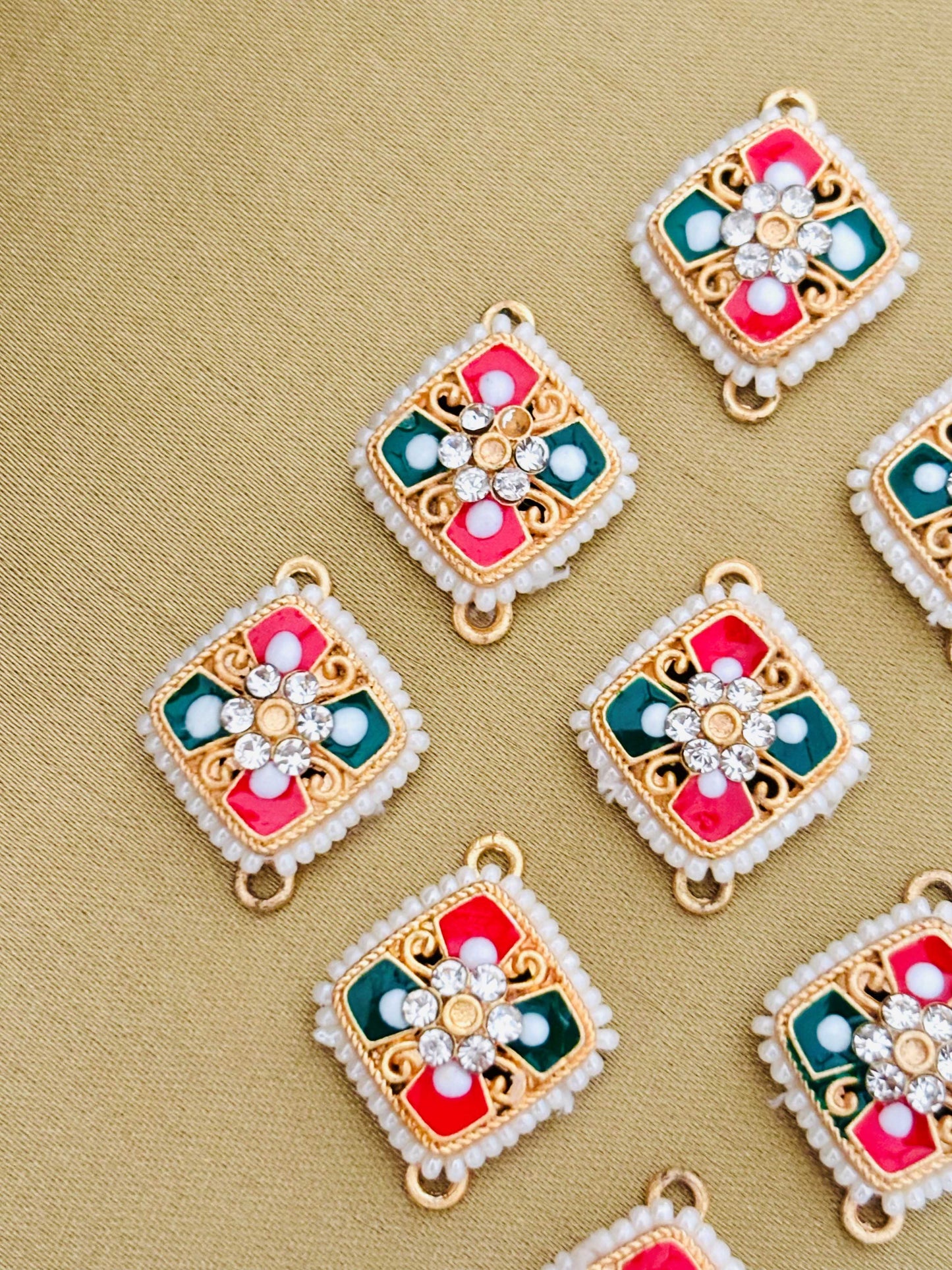 Red and Green Square Pearl Kundan Connectors