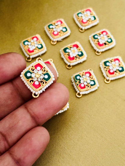 Red and Green Square Pearl Kundan Connectors