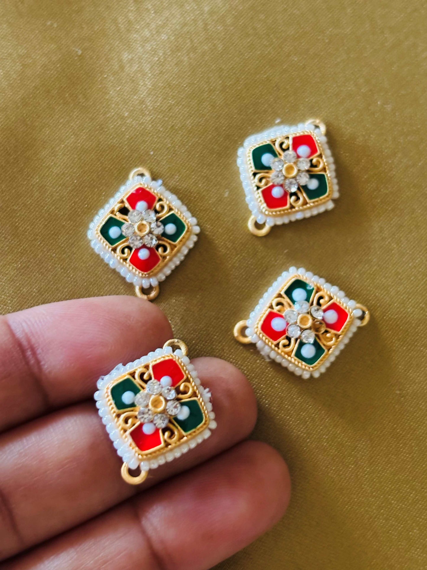 Red and Green Square Pearl Kundan Connectors