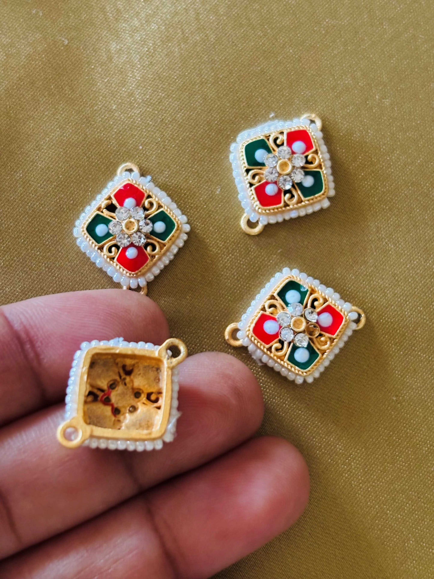 Red and Green Square Pearl Kundan Connectors