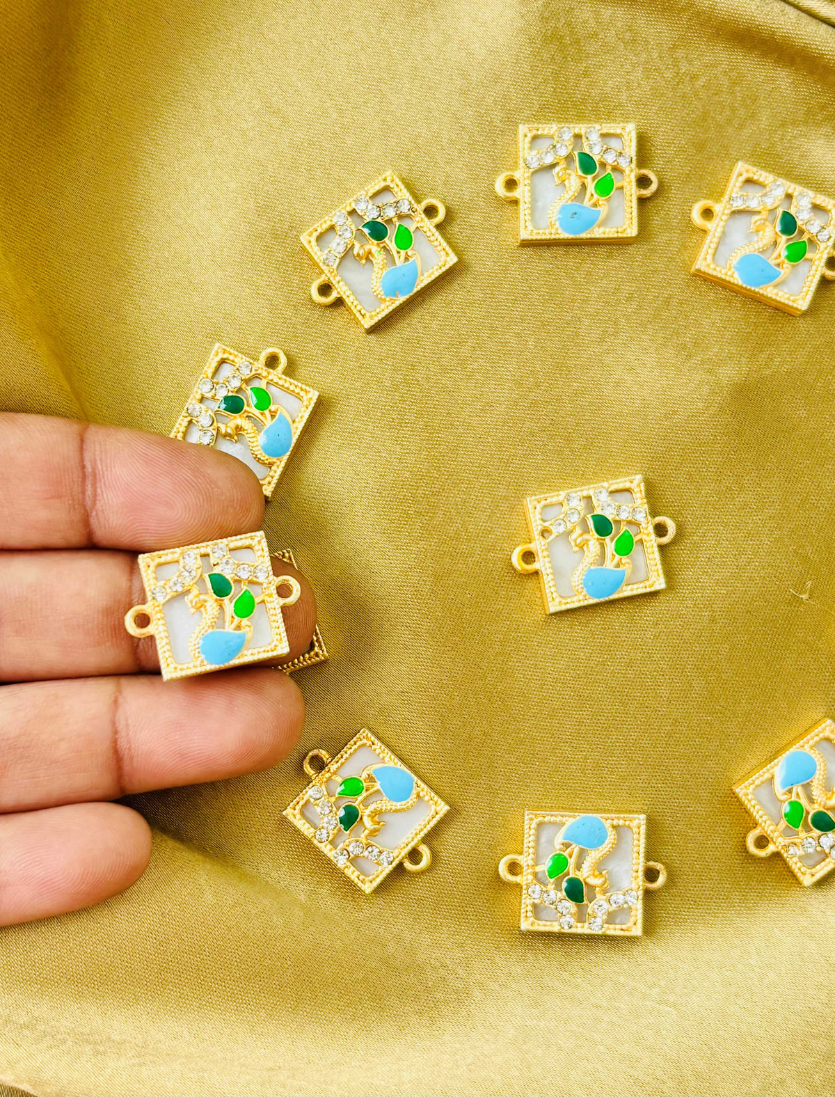 Square Blue and Green Meenakari Bird Charms