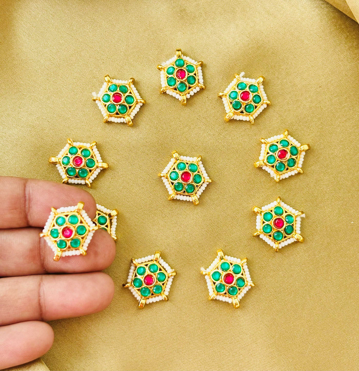 Hexagon Green Pearl Kundan Connectors
