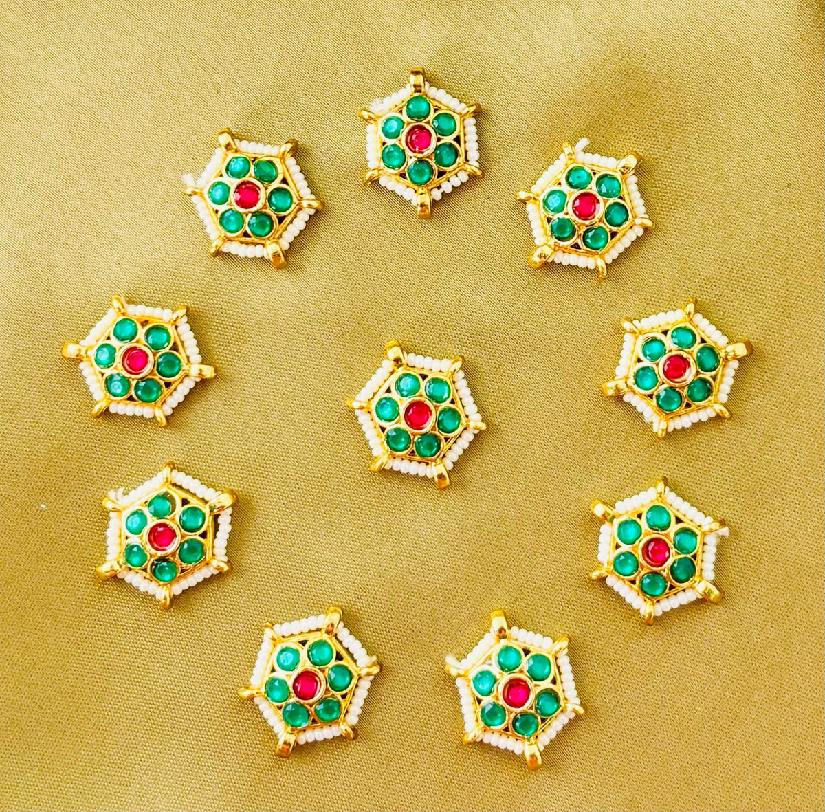 Hexagon Green Pearl Kundan Connectors
