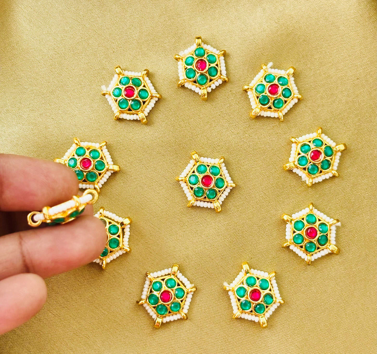 Hexagon Green Pearl Kundan Connectors