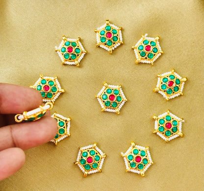 Hexagon Green Pearl Kundan Connectors