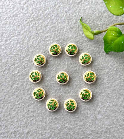 Three Pieces Round Green Leaf Meenakari Connectors