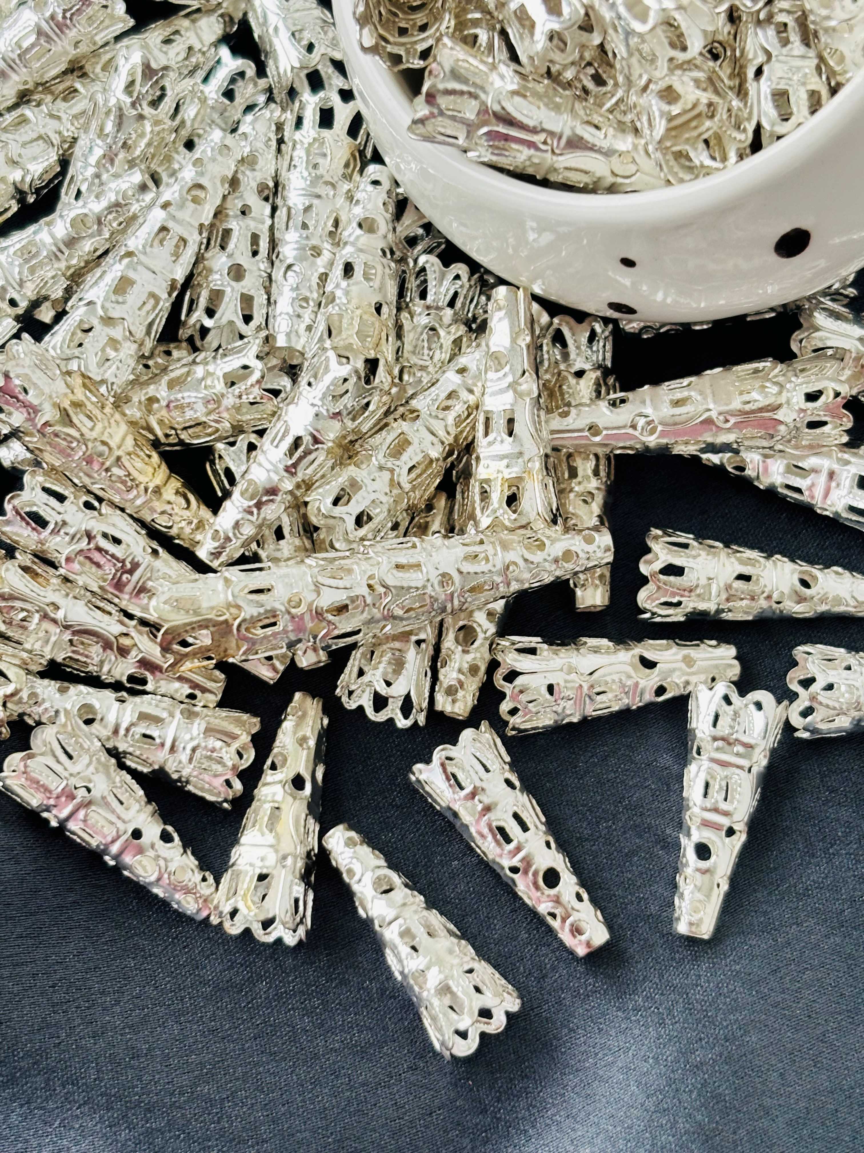 Long Silver Filigree Cone Bead Caps 22x9MM