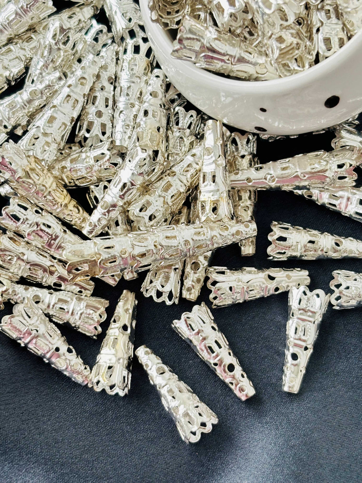 Long Silver Filigree Cone Bead Caps 22x9MM