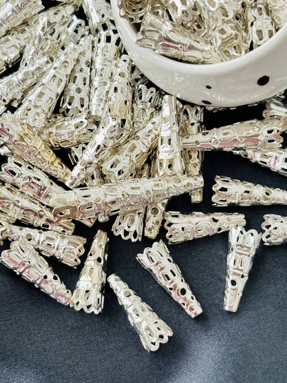 Long Silver Filigree Cone Bead Caps 22x9MM