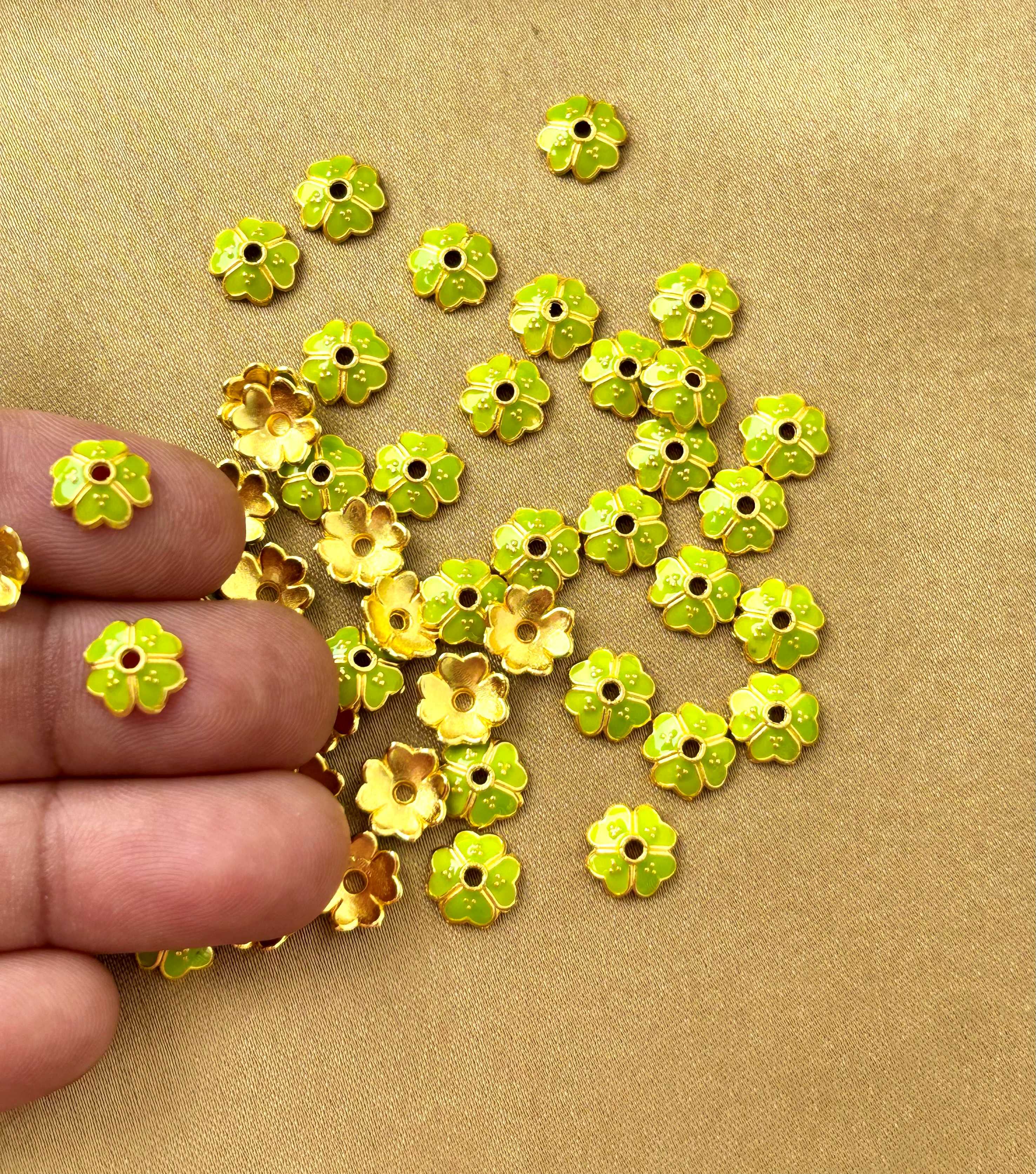 Olive Green Enamel Gold Bead Caps
