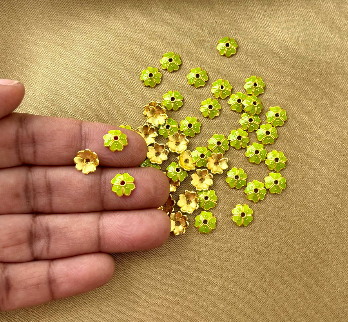 Olive Green Enamel Gold Bead Caps