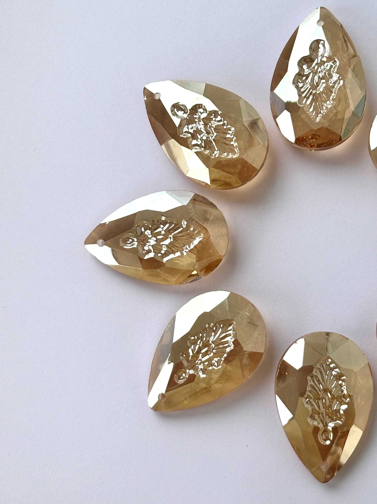Champagne Carved Leaf Teardrop Glass Beads