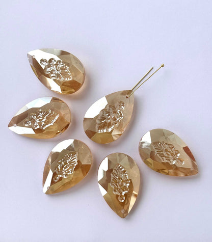 Champagne Carved Leaf Teardrop Glass Beads