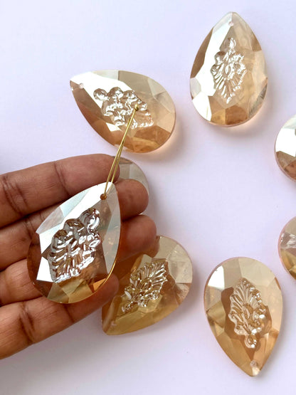 Champagne Carved Leaf Teardrop Glass Beads