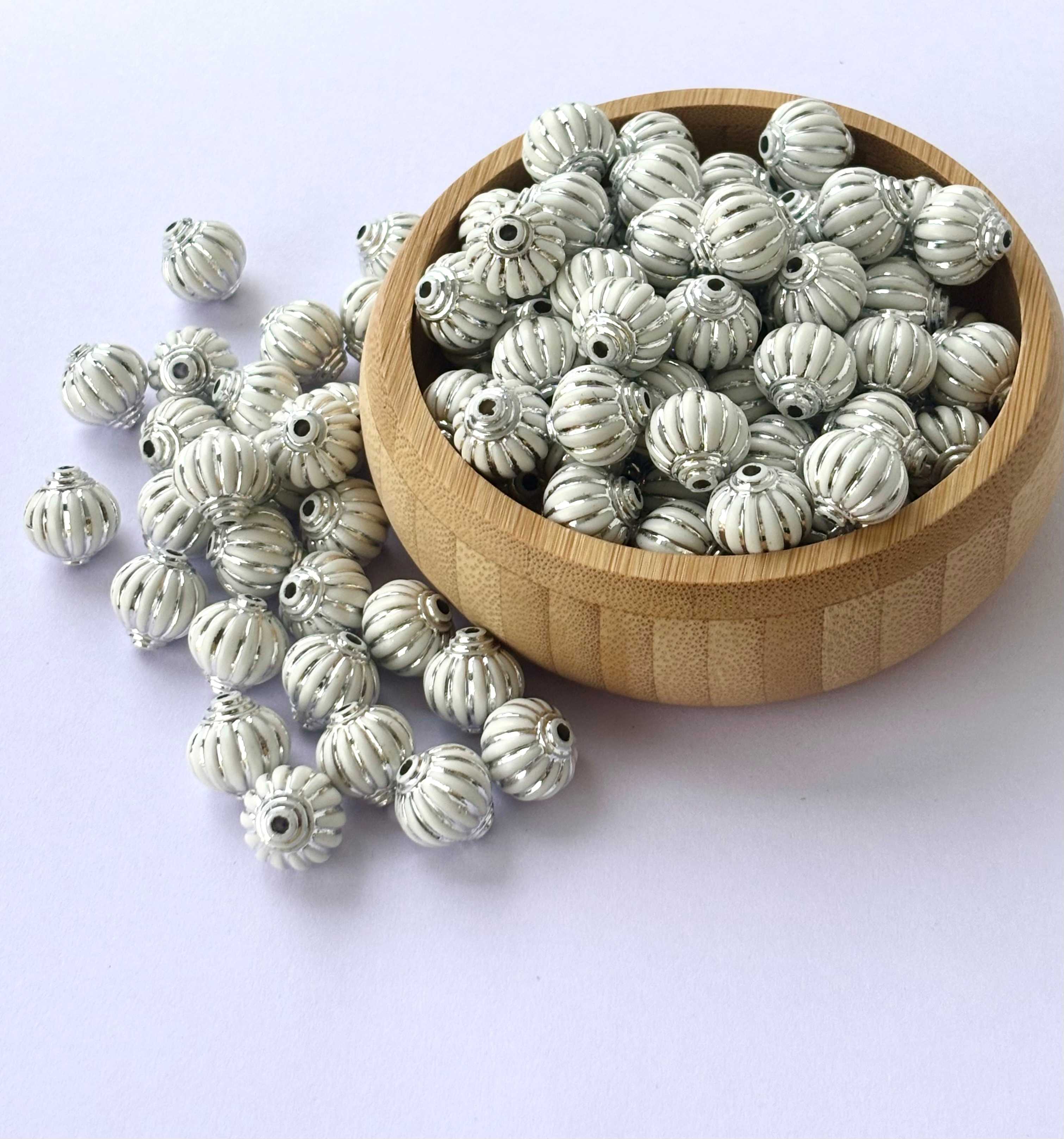 White Silver Fluted Ribbed Acrylic Beads
