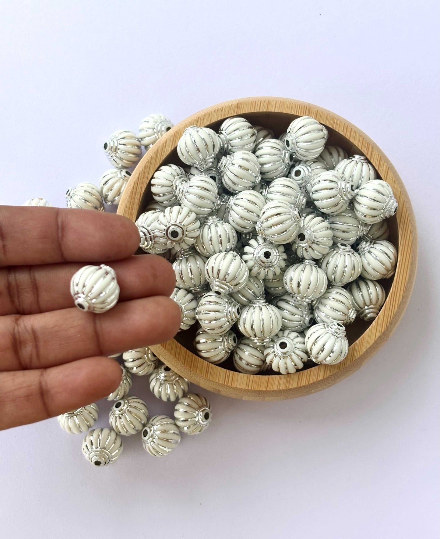 White Silver Fluted Ribbed Acrylic Beads