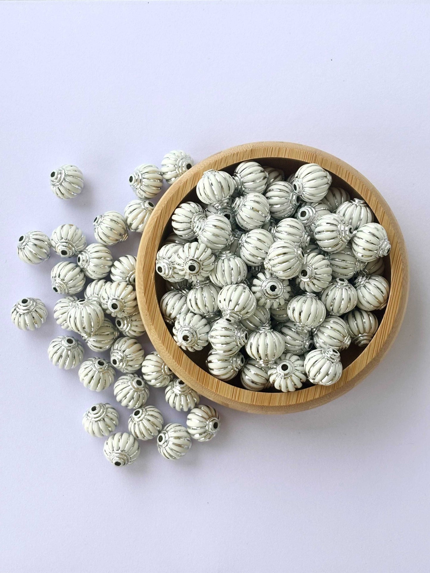 White Silver Fluted Ribbed Acrylic Beads