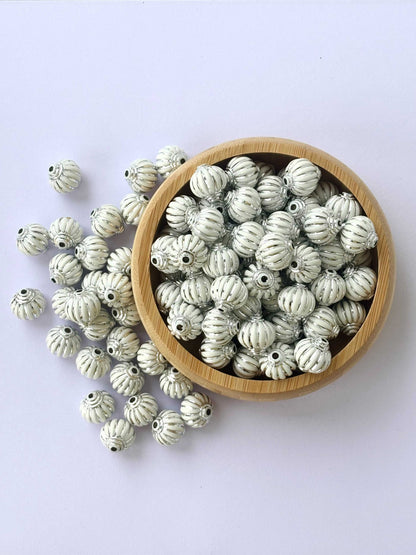 White Silver Fluted Ribbed Acrylic Beads