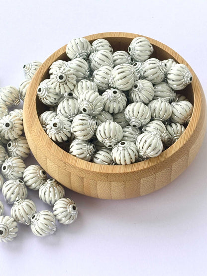 White Silver Fluted Ribbed Acrylic Beads