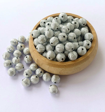 Silver Woven Basketweave Textured Acrylic Beads