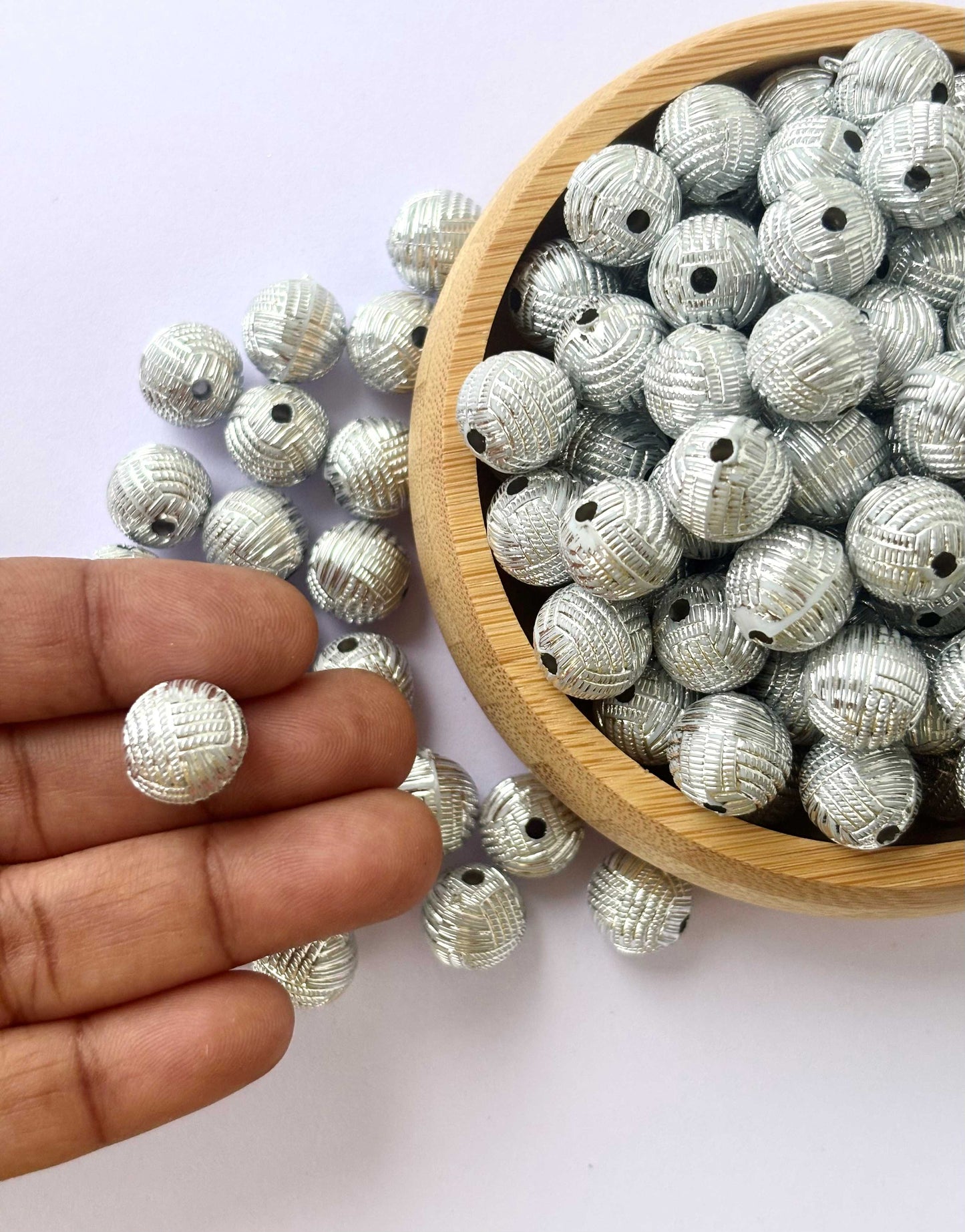 Silver Woven Basketweave Textured Acrylic Beads