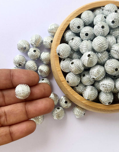Silver Woven Basketweave Textured Acrylic Beads