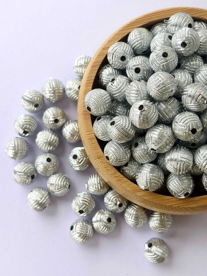 Silver Woven Basketweave Textured Acrylic Beads