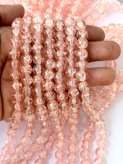 Peach Pink Crackle Glass Beads 8MM 30 Inches
