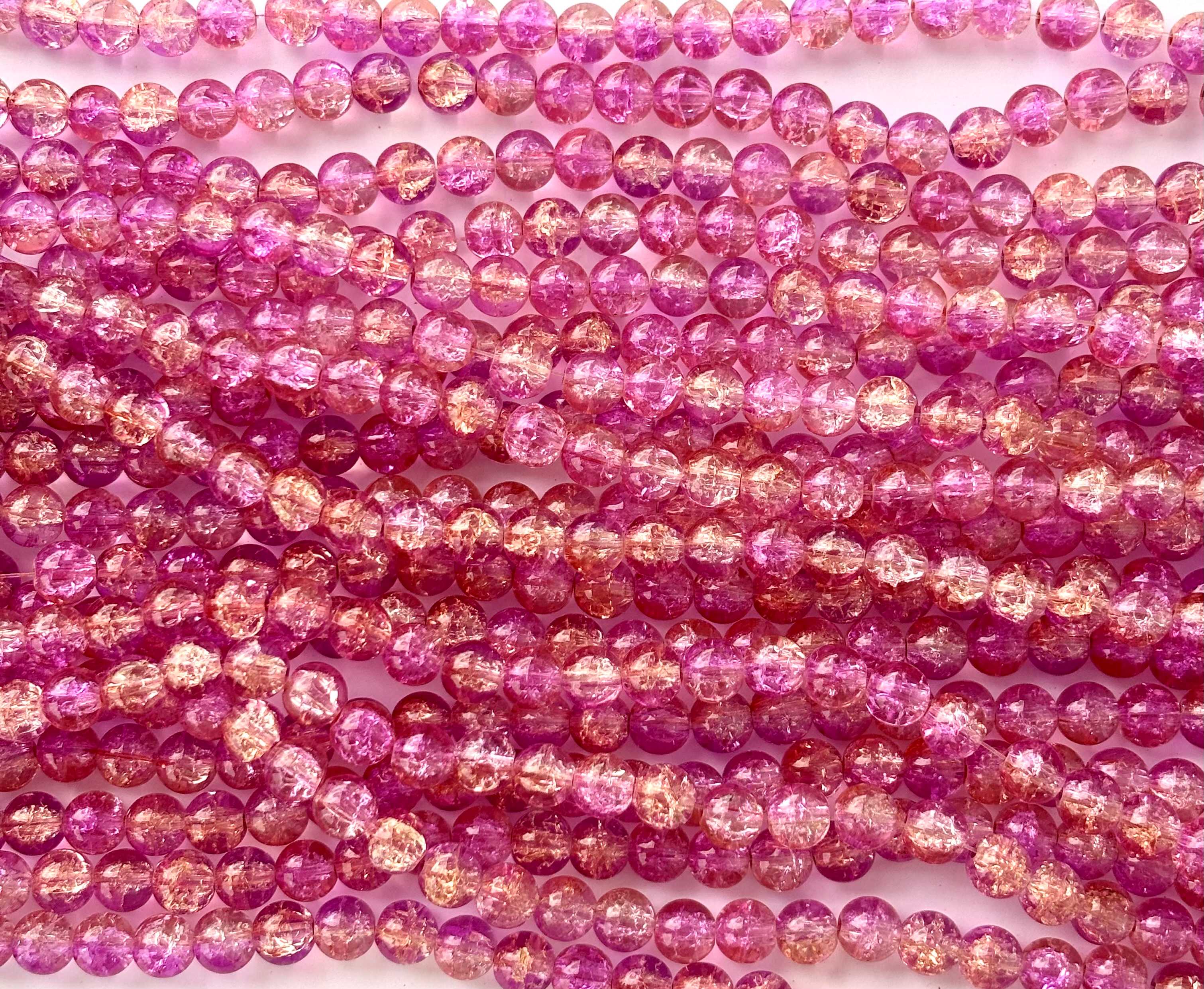 Pink and Light Orange Crackle Glass Beads 8MM 30 Inches