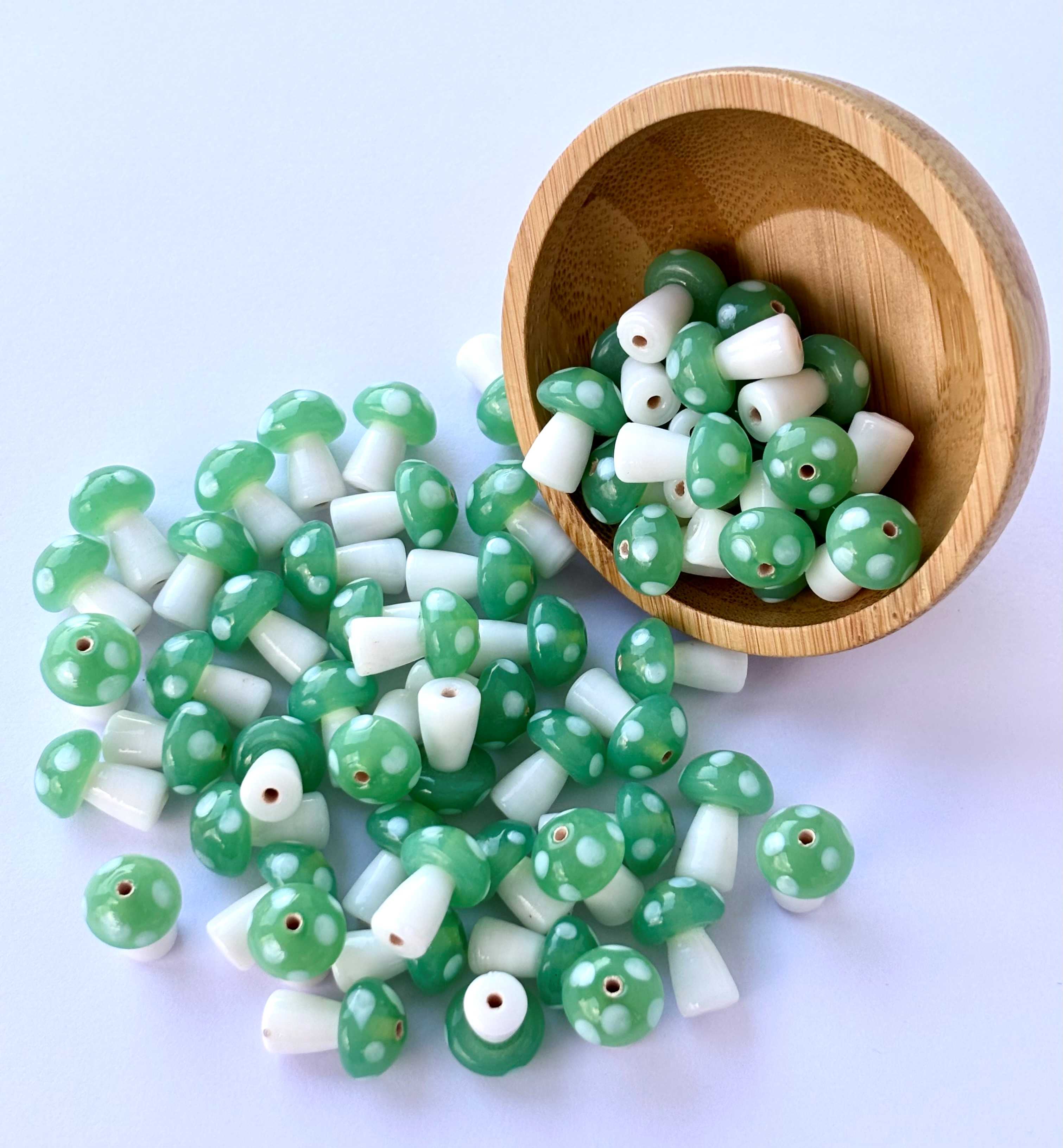 10 Pieces of Artisan Green Mushroom Glass Beads