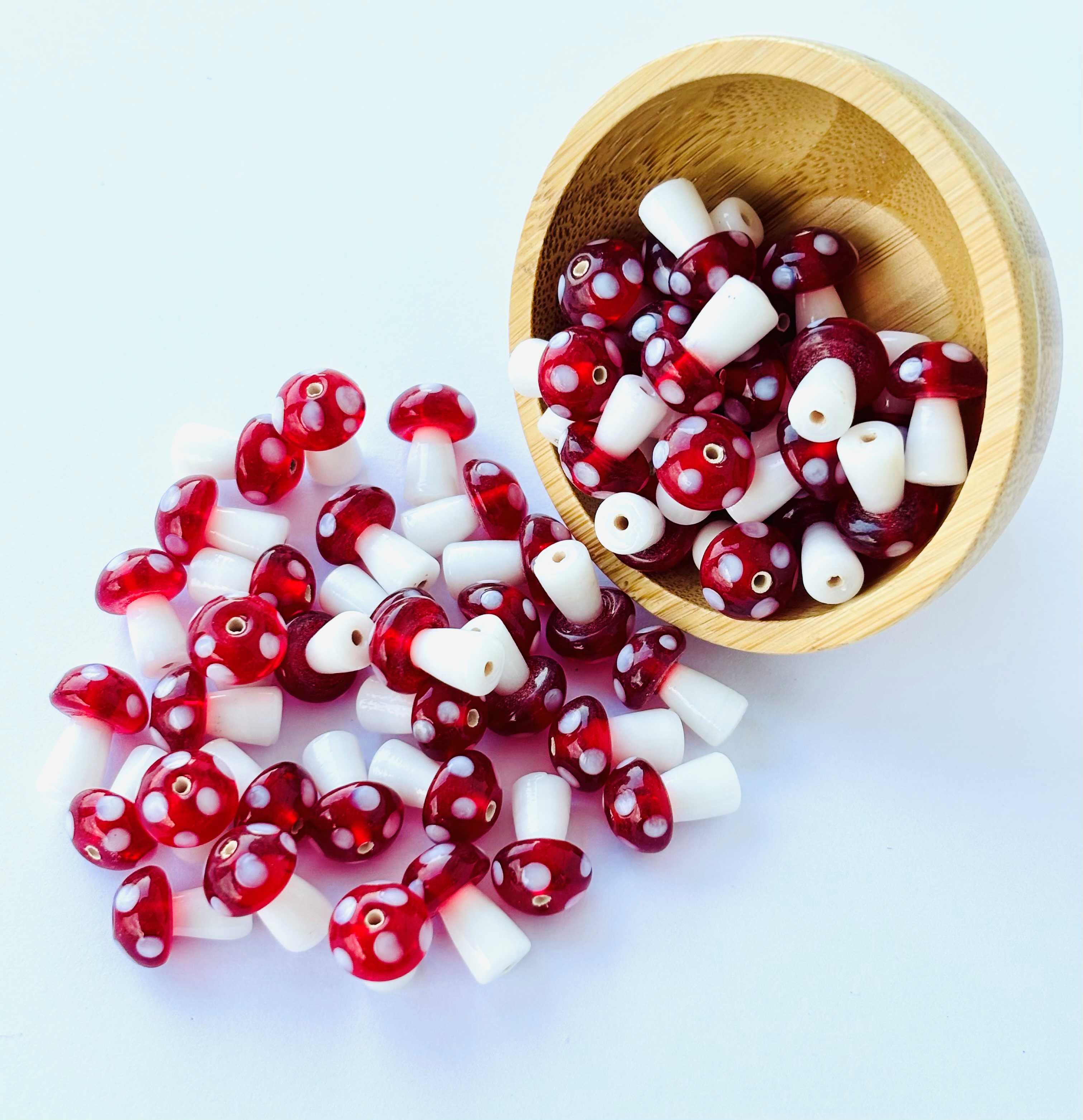 10 Pieces of Artisan Transparent Red Mushroom Glass Beads