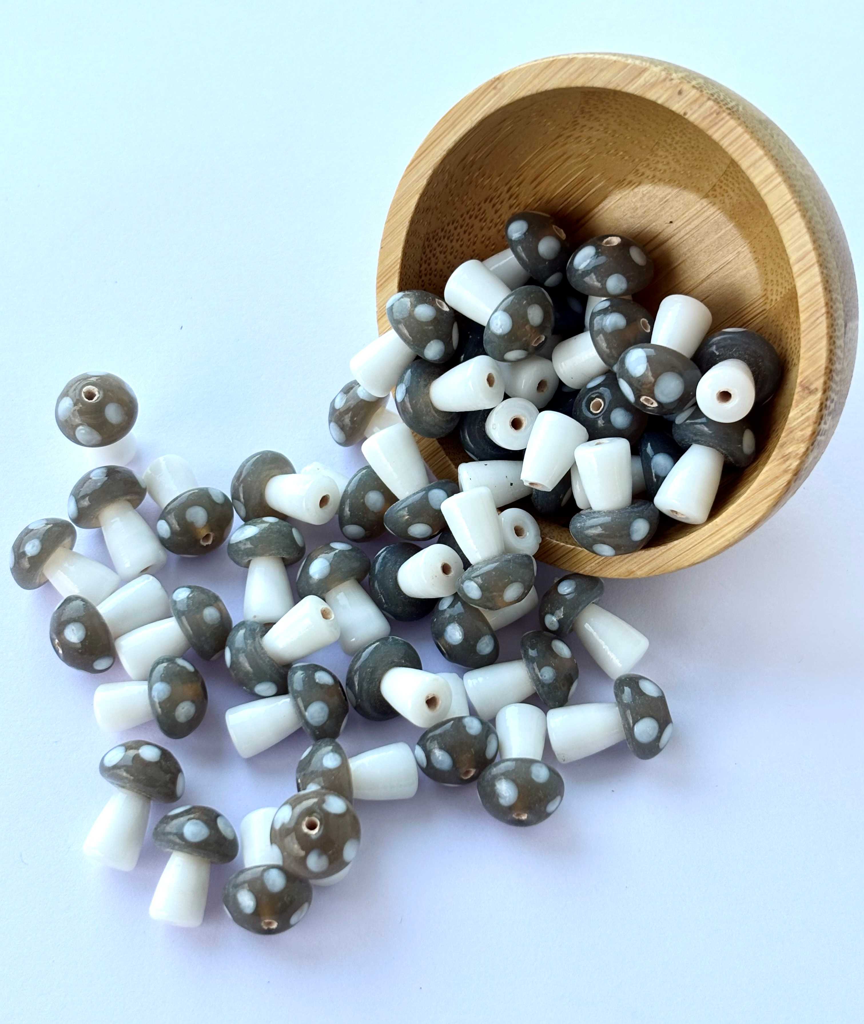 10 Pieces of Artisan Grey Mushroom Glass Beads
