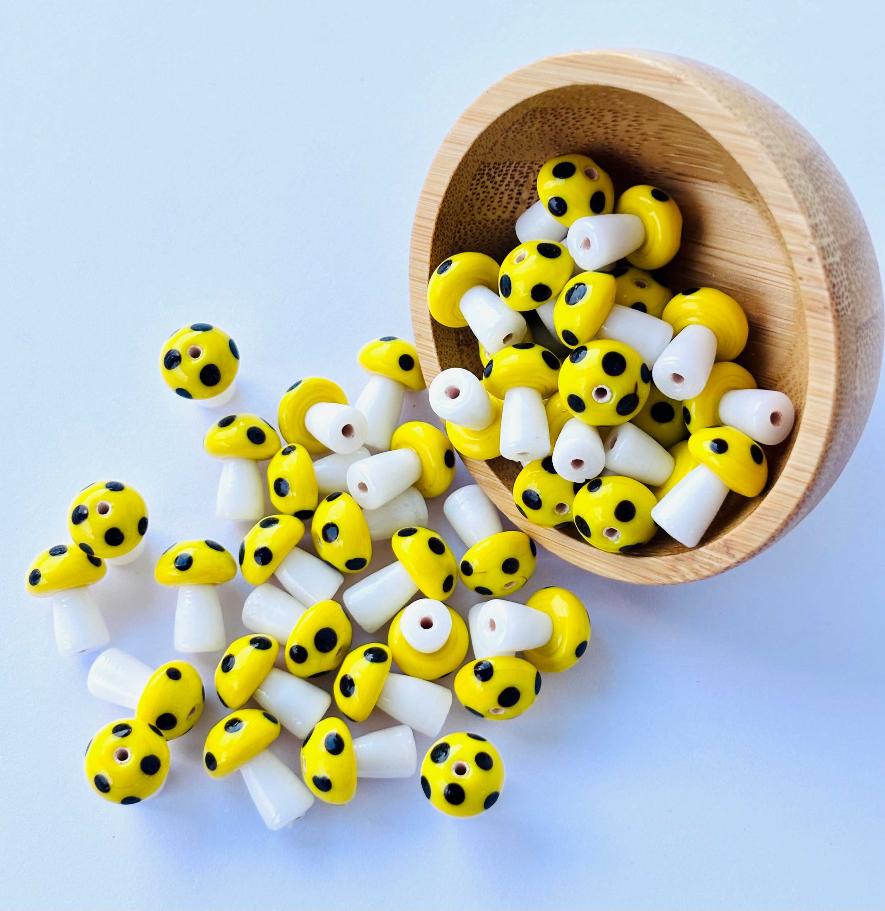 10 Pieces of Artisan Yellow with Black Dots Mushroom Glass Beads