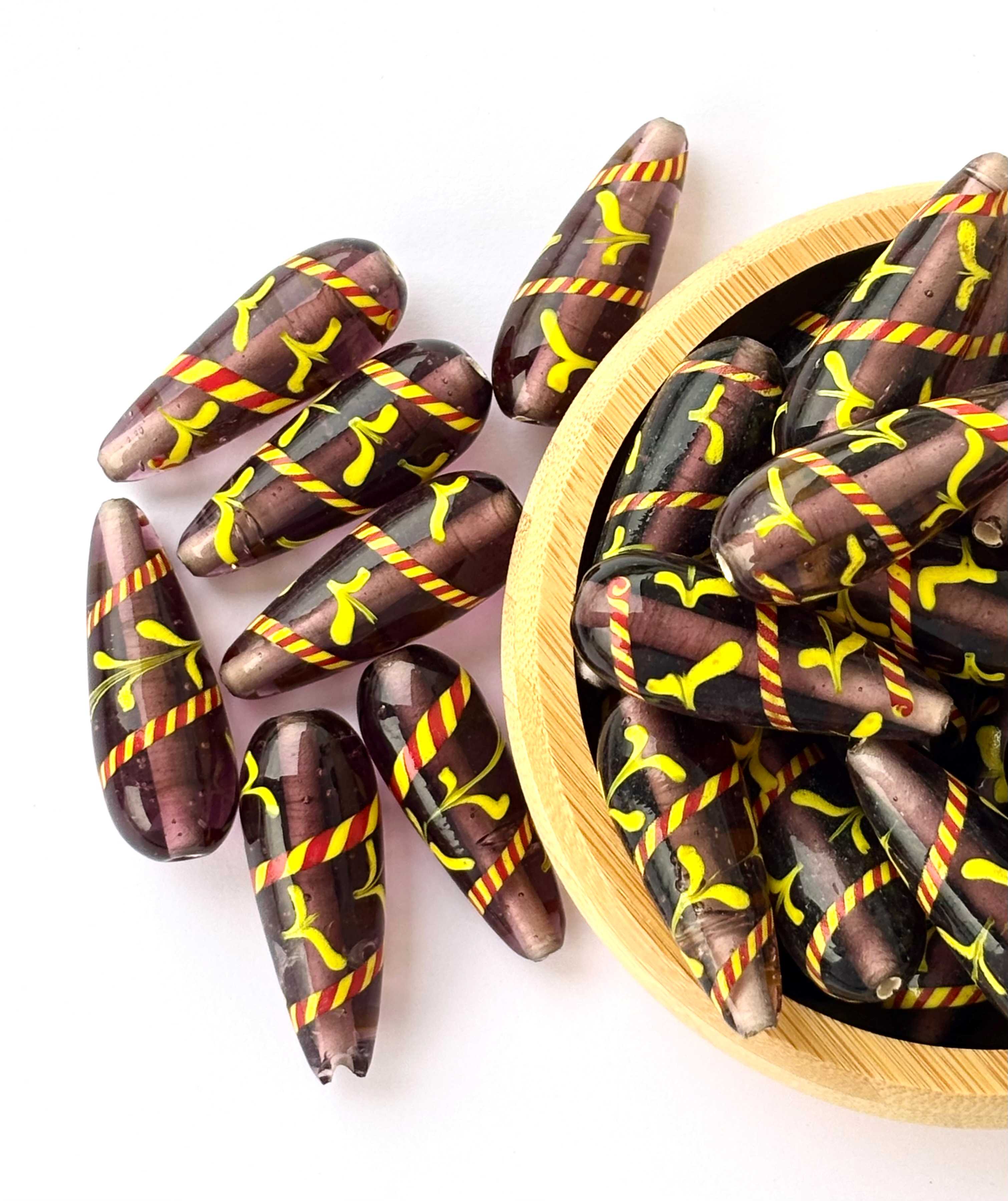 Purple Patterned Teardrop Glass Beads
