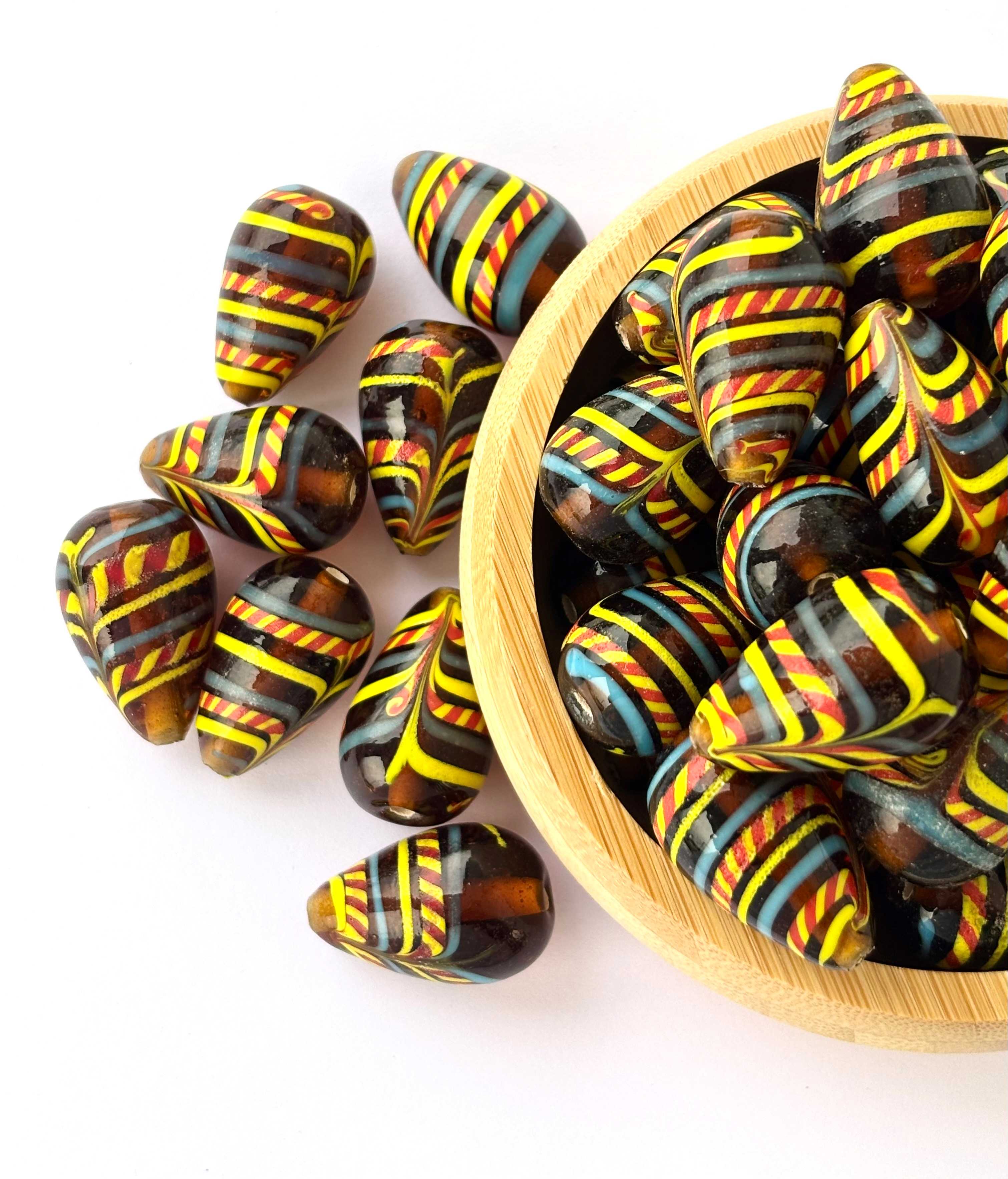 Brown Striped Teardrop Lampwork Glass Beads