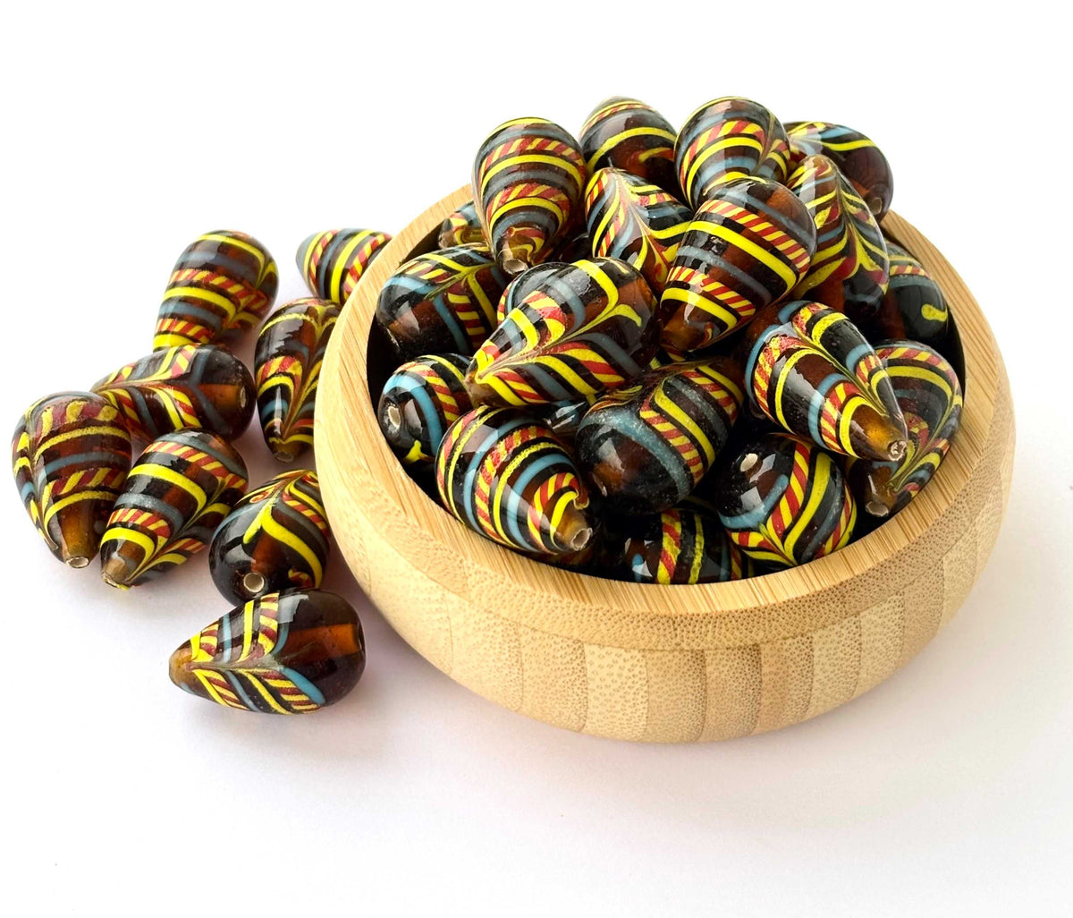 Brown Striped Teardrop Lampwork Glass Beads