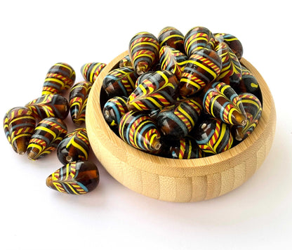 Brown Striped Teardrop Lampwork Glass Beads