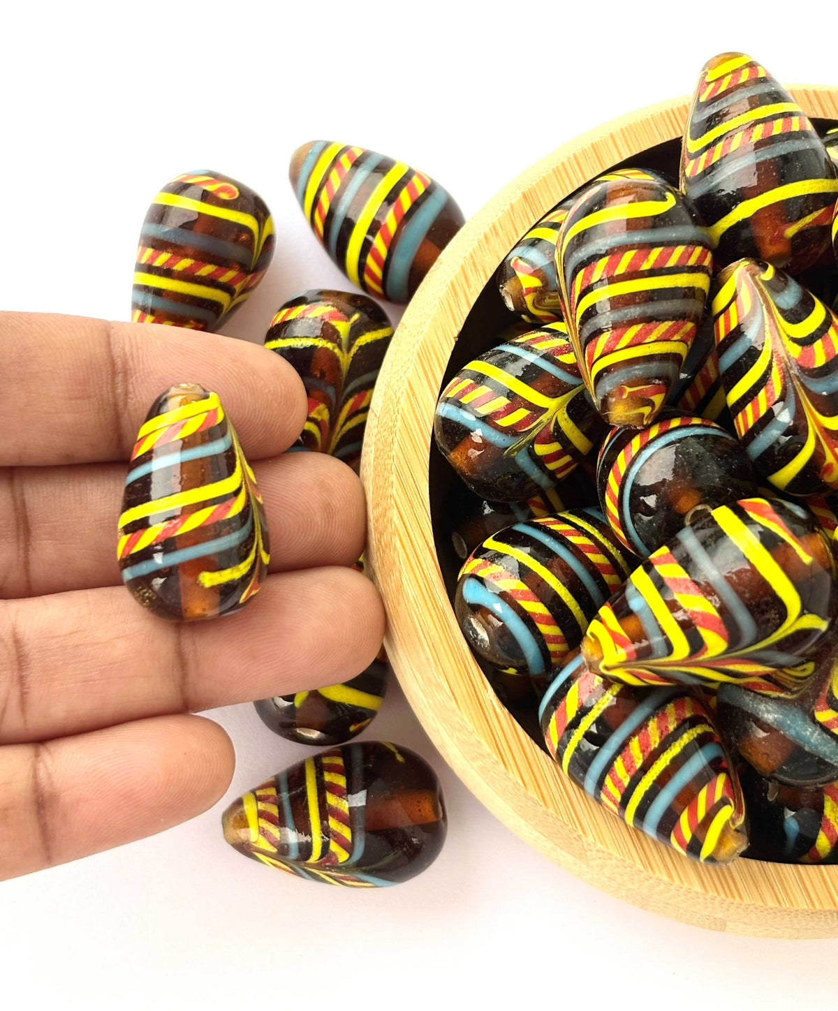 Brown Striped Teardrop Lampwork Glass Beads