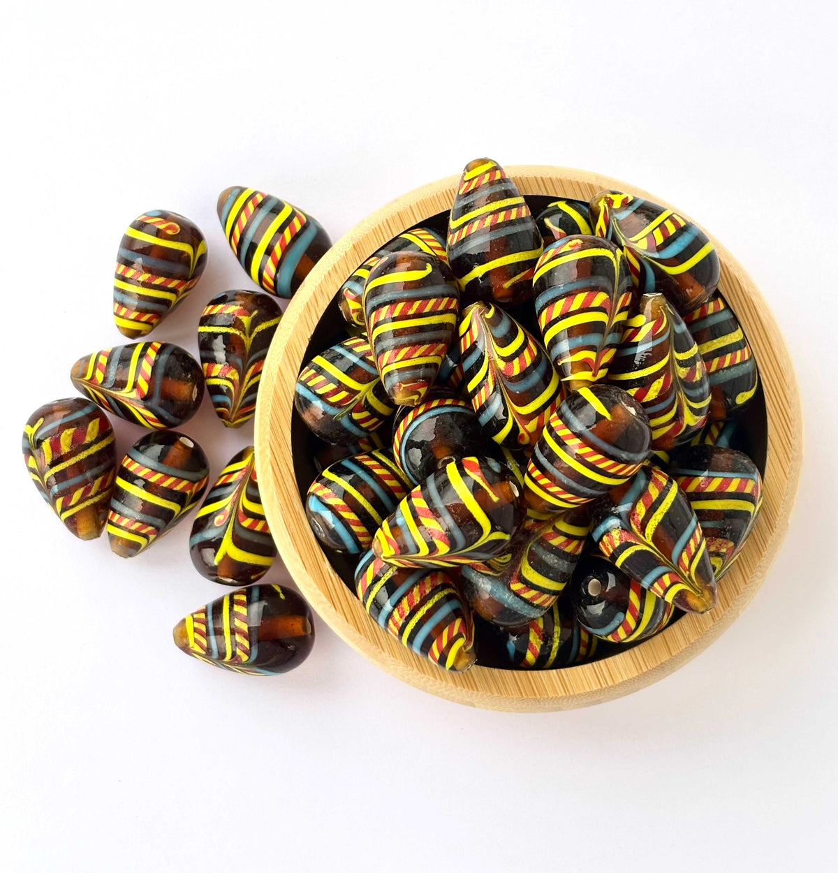 Brown Striped Teardrop Lampwork Glass Beads