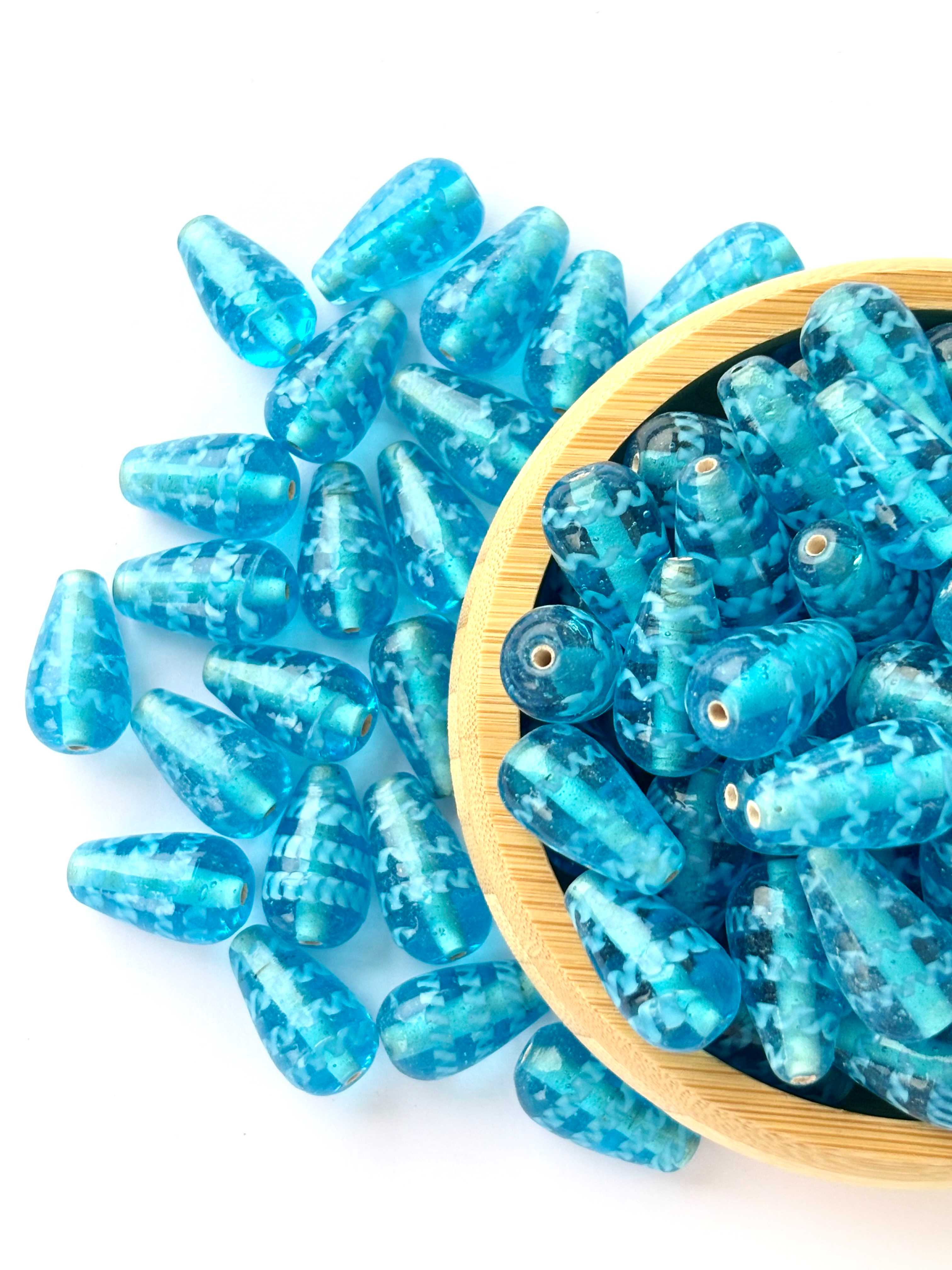 Aqua Wave Teardrop Lampwork Glass Beads