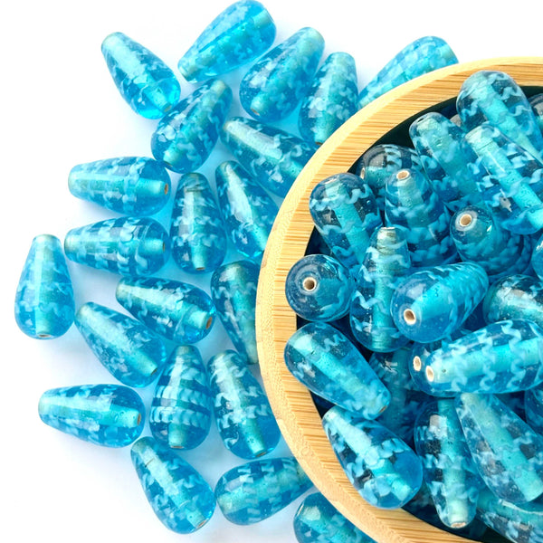 Aqua Wave Teardrop Lampwork Glass Beads