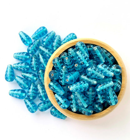 Aqua Wave Teardrop Lampwork Glass Beads