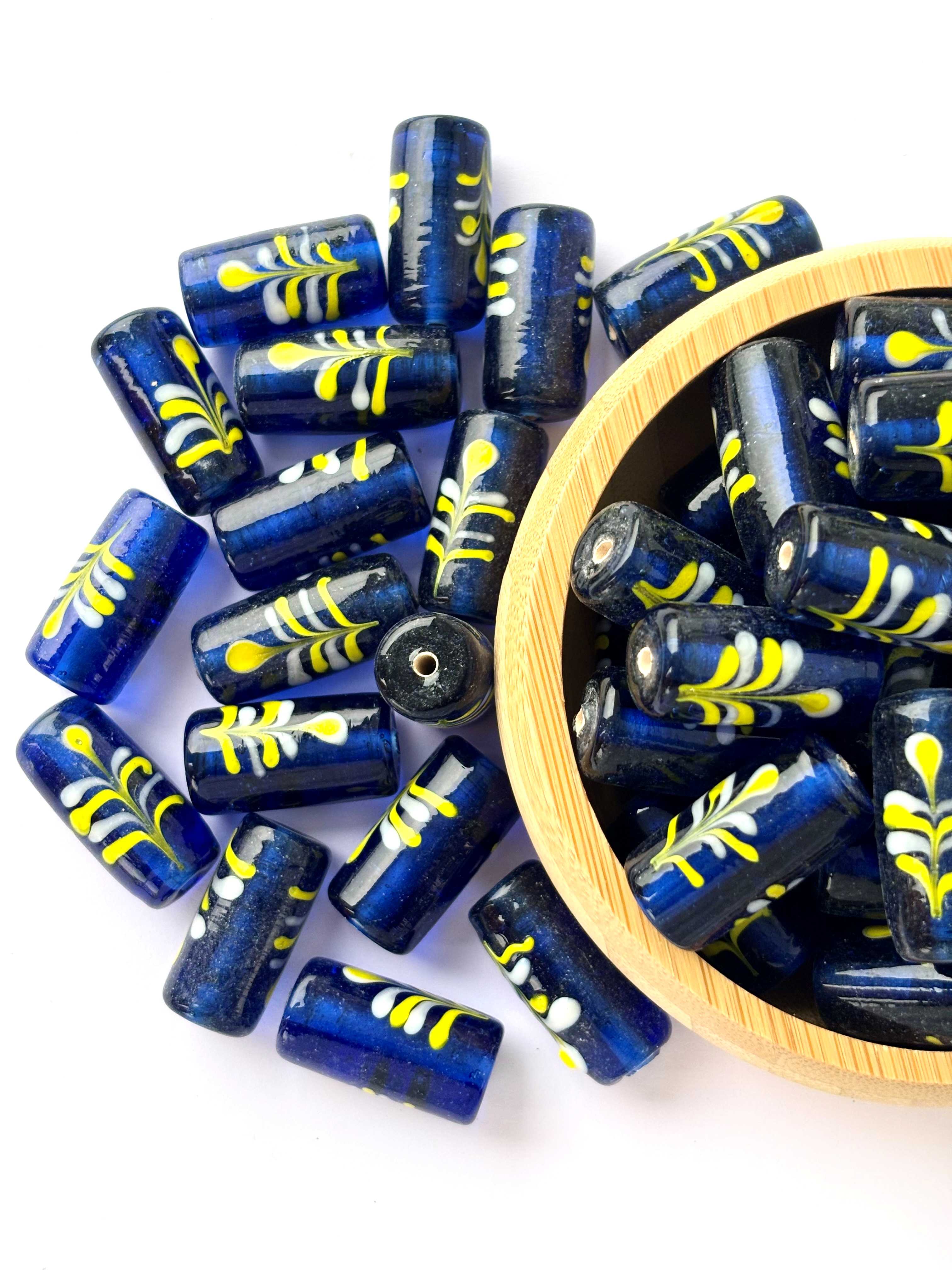 Handmade Blue Floral Cylinder Glass Beads