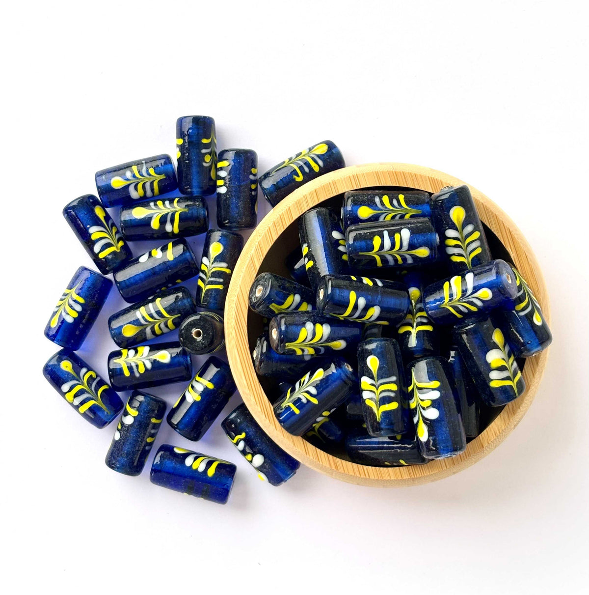 Handmade Blue Floral Cylinder Glass Beads