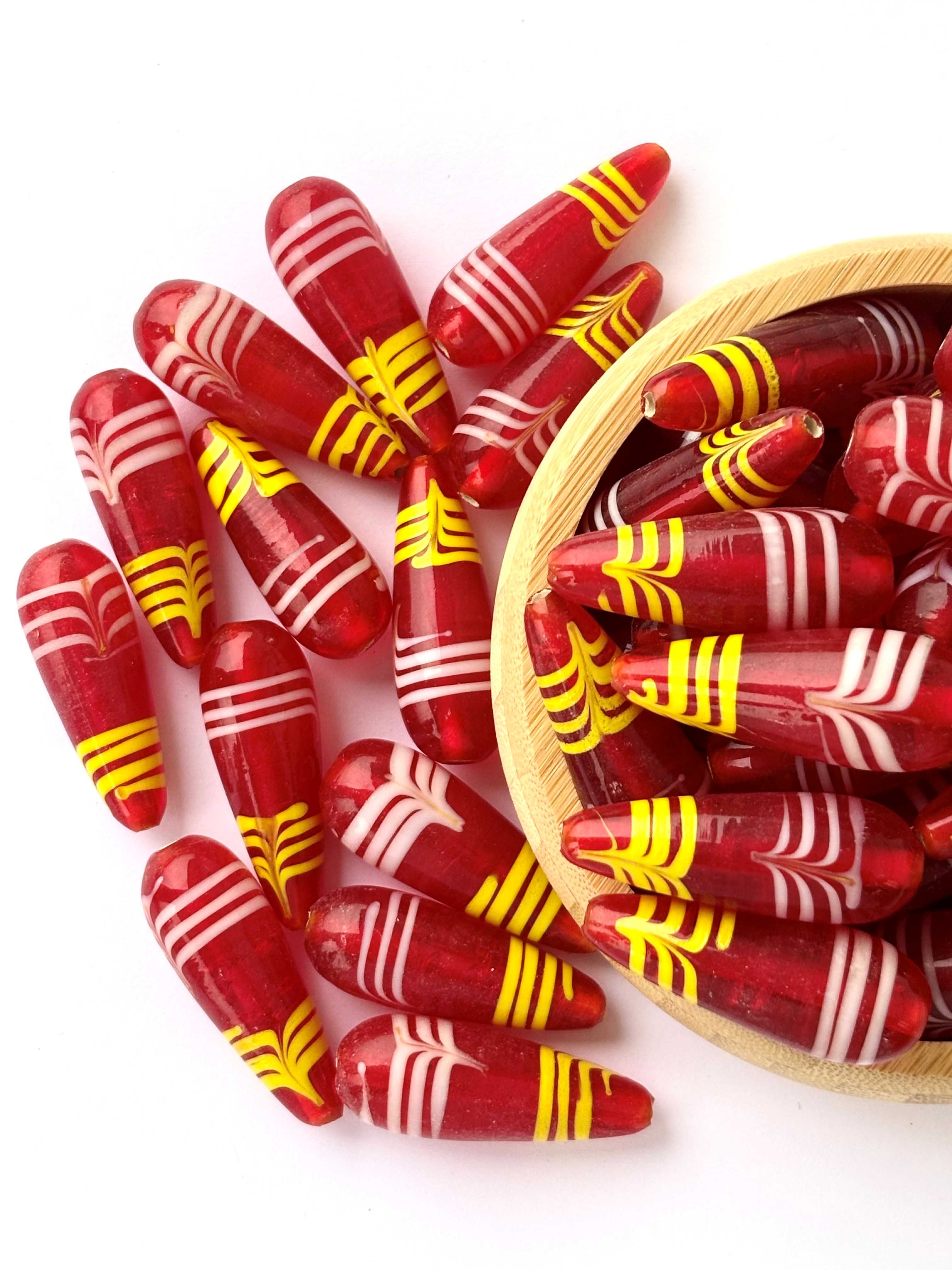 Red Patterned Teardrop Glass Beads