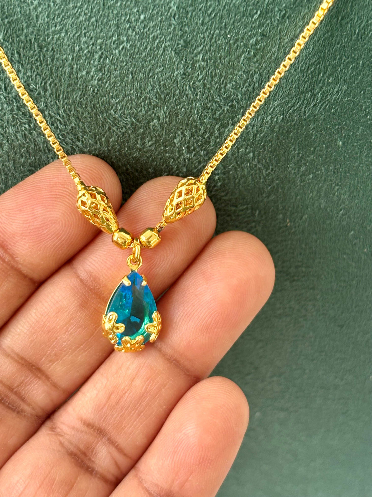 Gold Plated Aqua Blue Teardrop Necklace