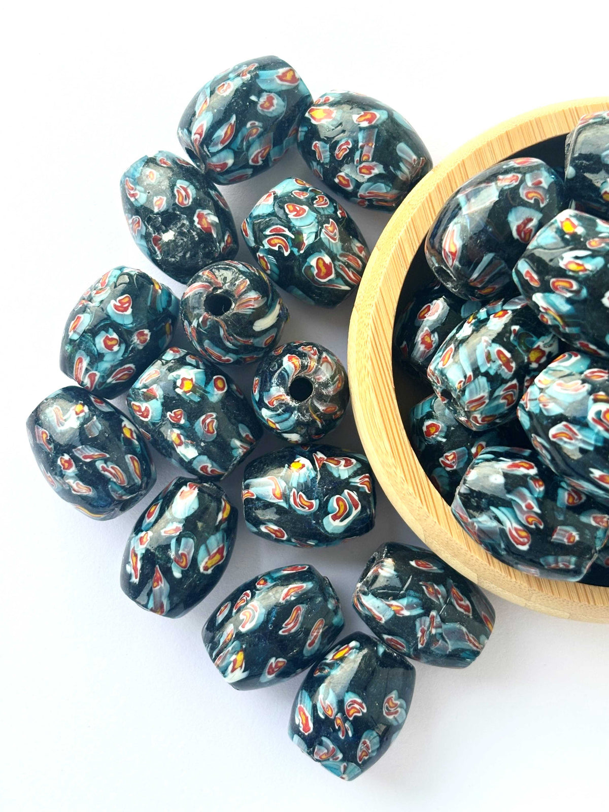 Six Pieces Blue Patterned Millefiori Oval Glass Beads 25x20MM