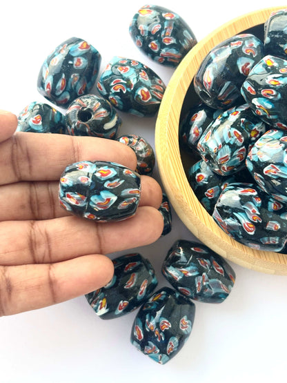 Six Pieces Blue Patterned Millefiori Oval Glass Beads 25x20MM